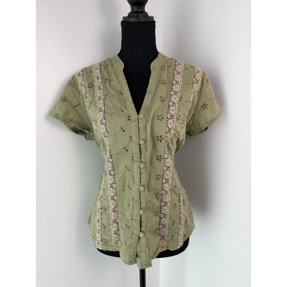 Cottagecore Fairycore Eyelet Lace Trim Sage Green Button Front Cotton Blouse Top